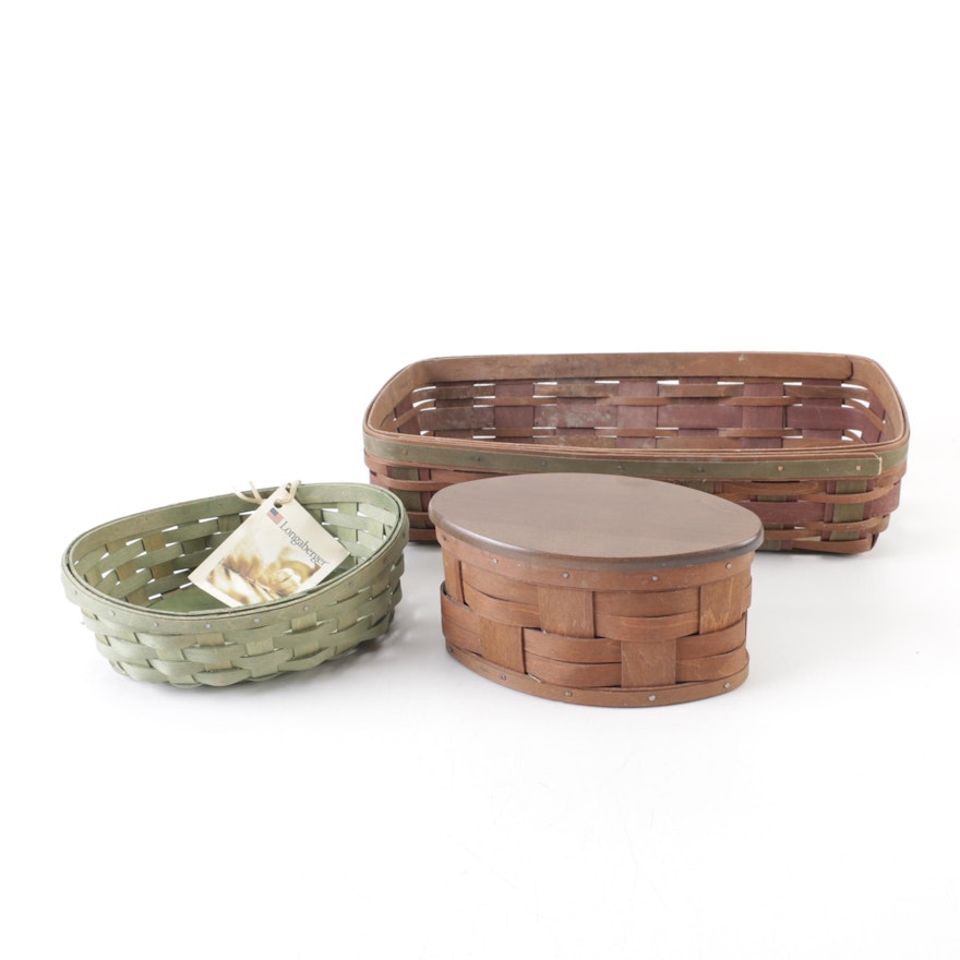 Longaberger Handwoven Baskets Finished in Olive Green and Reddish Brown