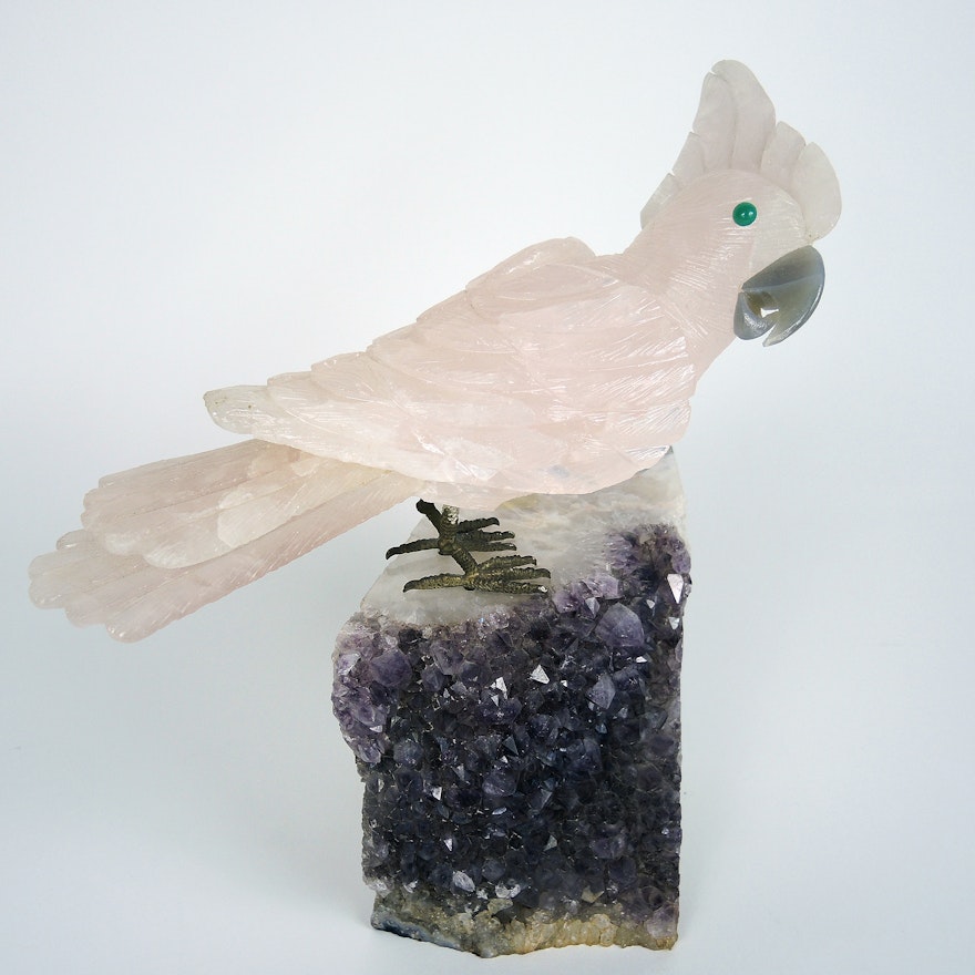 Rose Quartz Parrot and Amethyst Geode