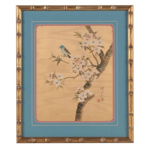 Chinese Gouache Painting on Silk of a Bird and Flower Motif