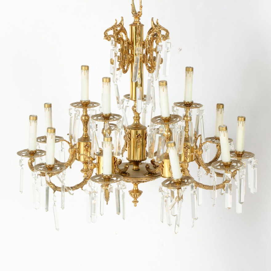 Spanish Two-Tier Brass Chandelier With Glass Lusters