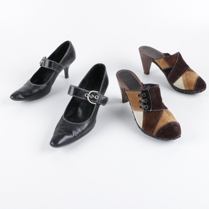 Coach Julianne Black Leather Heels and Fallon Patchwork Suede Heeled Mules