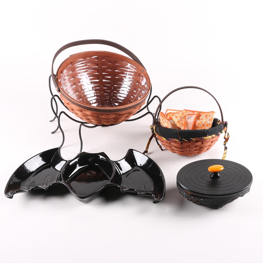 Longaberger Halloween Serving Dish, Baskets with Liners and Wrought Iron Stands