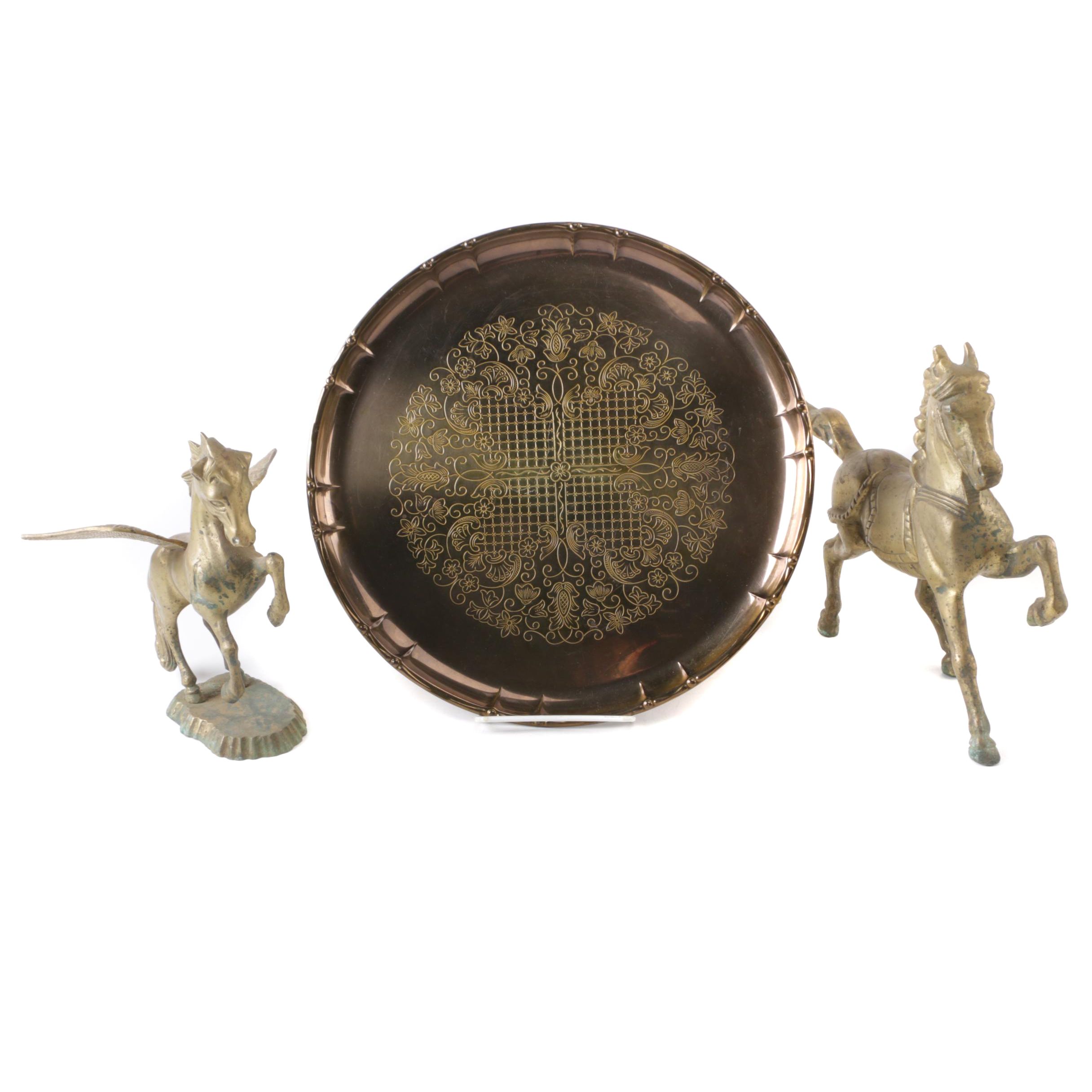 Brass Horse and Pegasus Figurines and Swedish Brass Plate