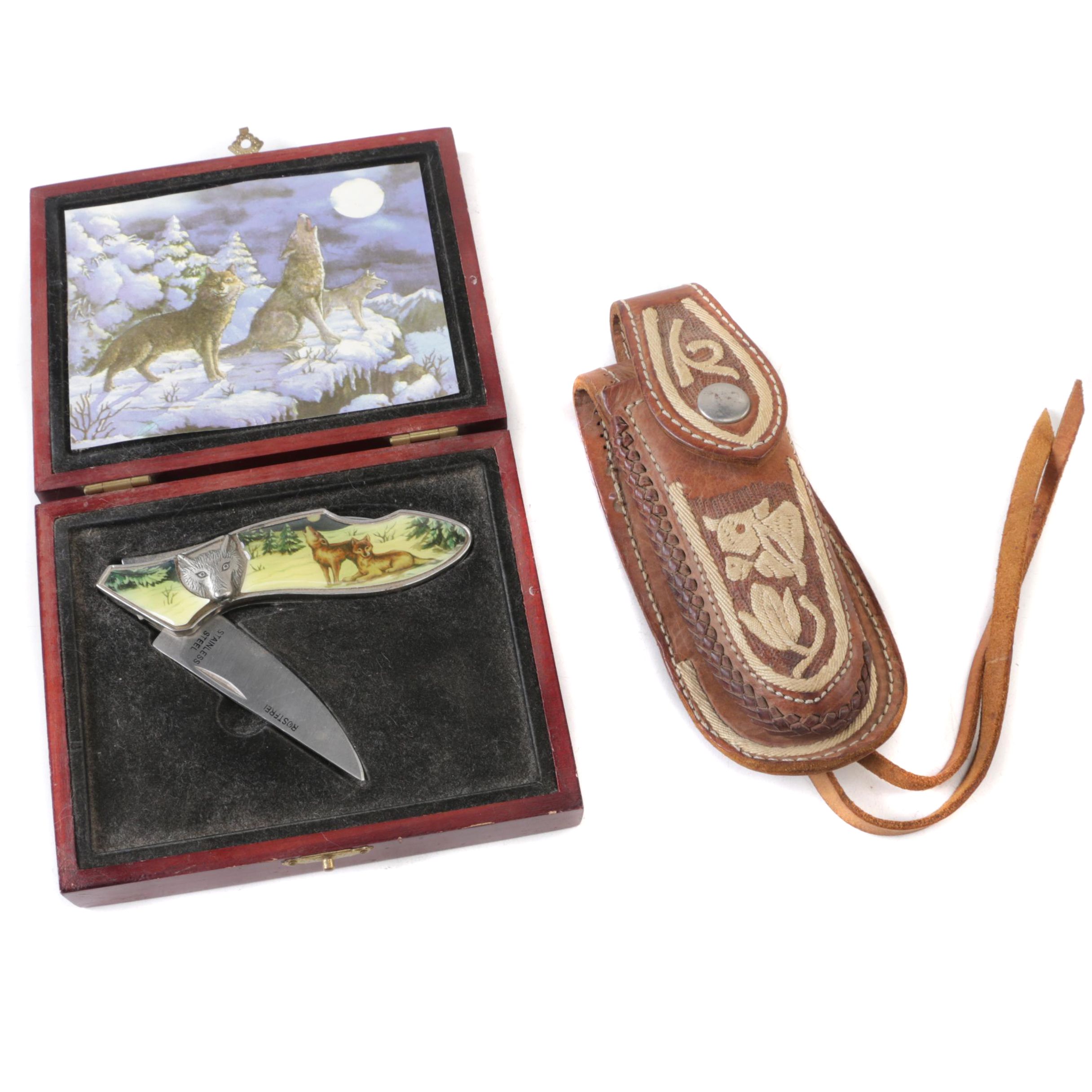 Rostfrei Wolf-Themed Pocket Knife with Case and Sheath