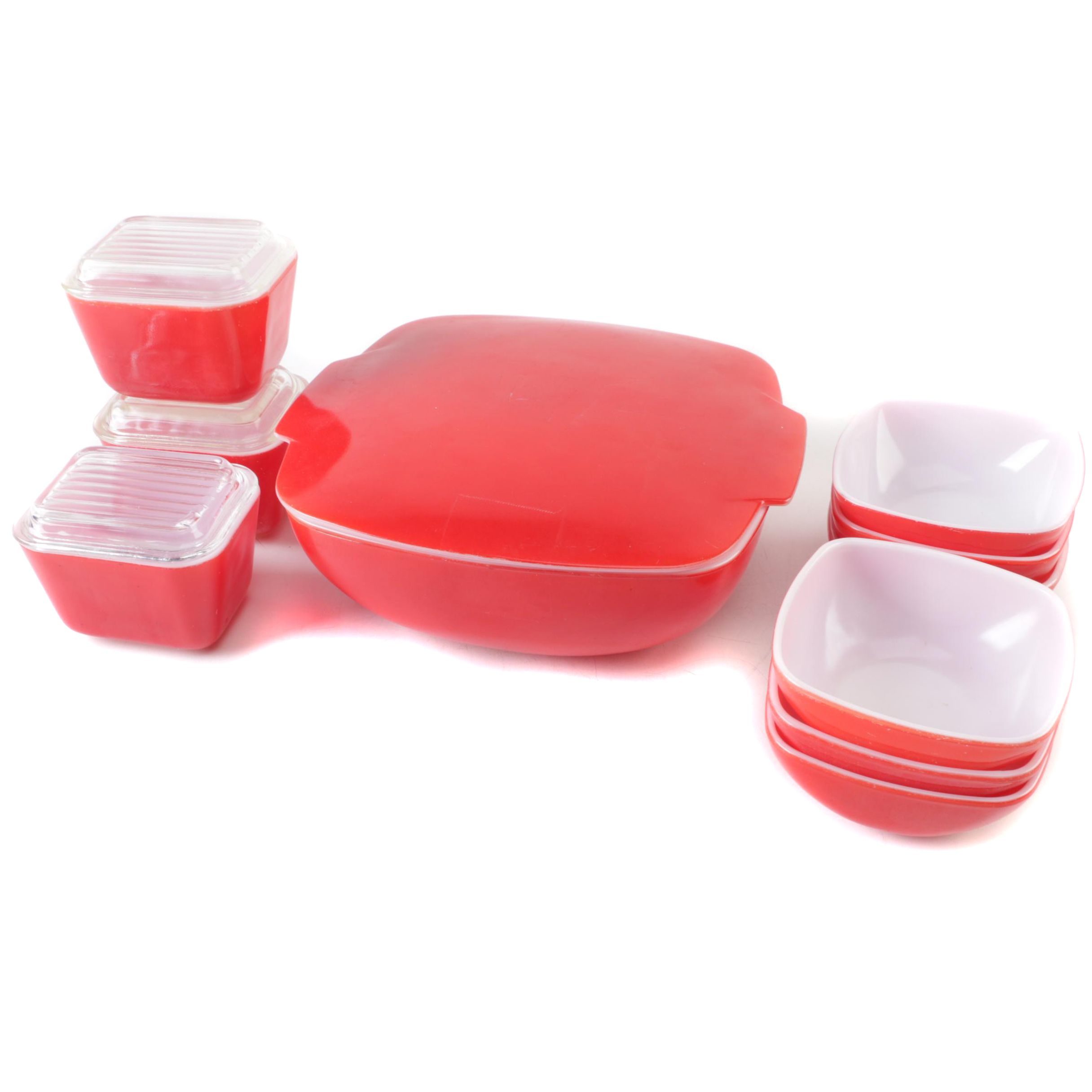 Vintage Pyrex "Primary Colors" Red Refrigerator Dishes and Hostess Serving Set