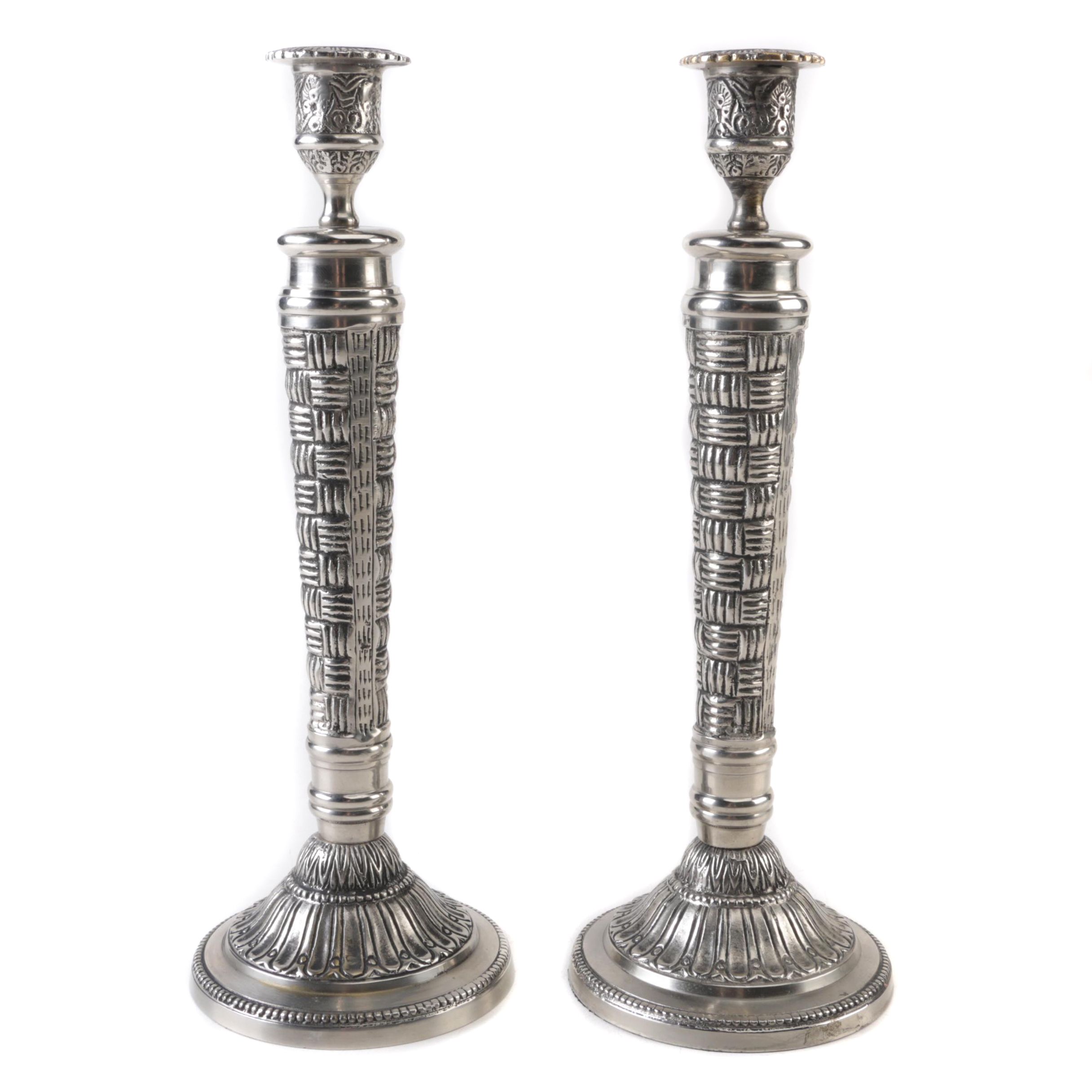 Silver Tone Basket Weave Motif Candlesticks