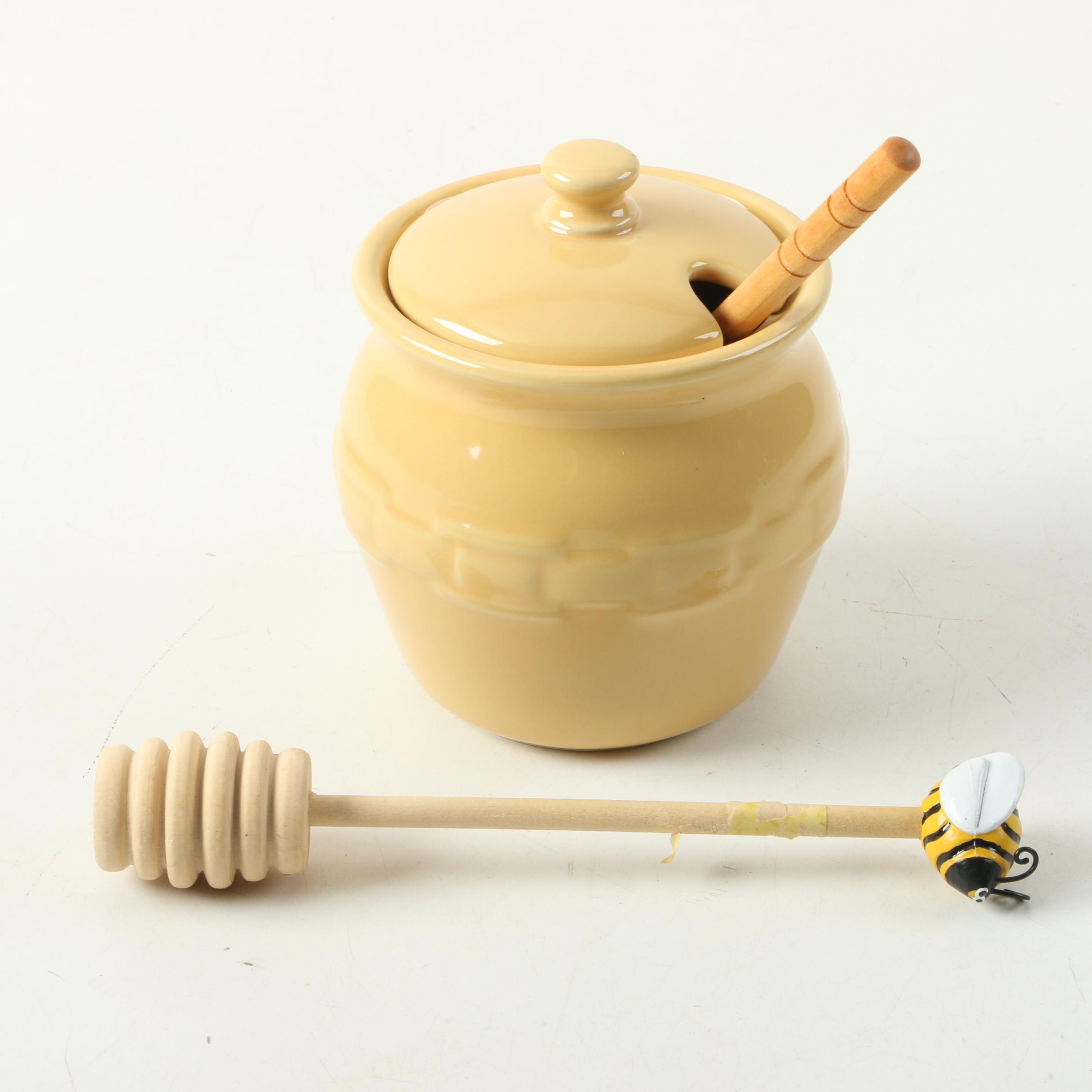 Longaberger "Woven Traditions" Butternut Mixing Bowl, Honey Pot and Accessories