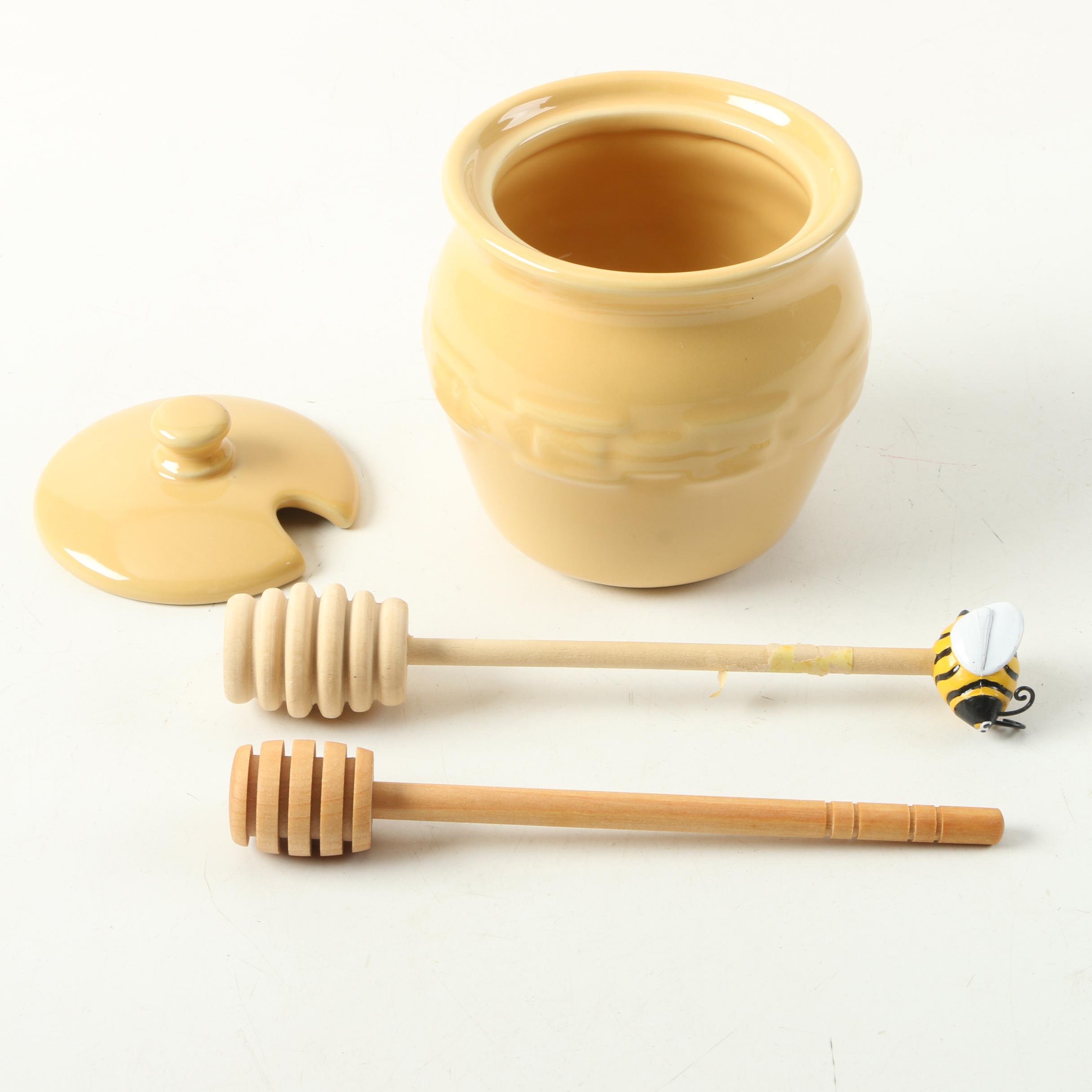 Longaberger "Woven Traditions" Butternut Mixing Bowl, Honey Pot and Accessories
