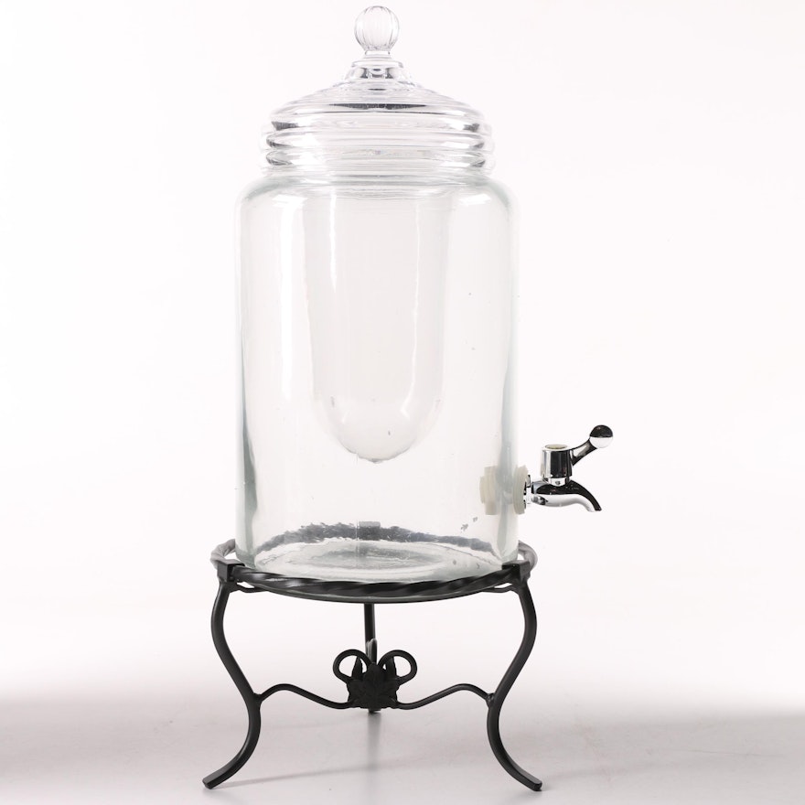 Longaberger "Keep It Cool" Glass Beverage Dispenser with Wrought Iron Stand