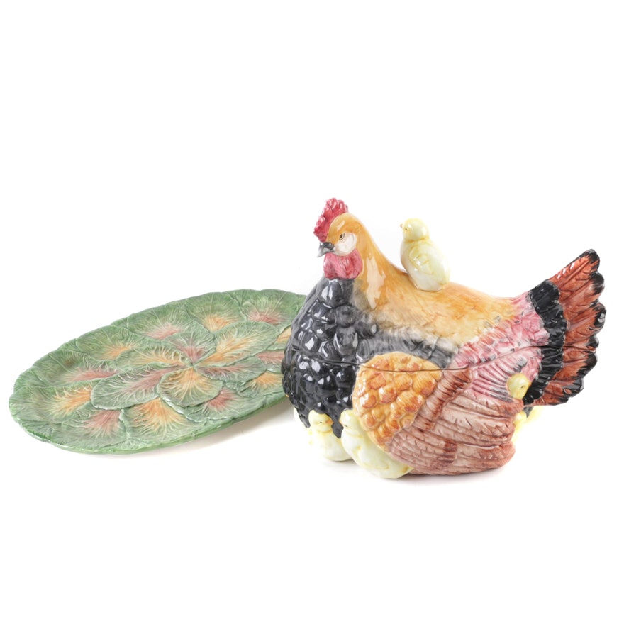 Italian Intrada Hen with Chicks Soup Tureen and Cabbage Leaf Serving Tray