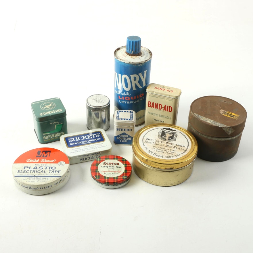 Vintage Canisters For Tobacco, Medicine, Cellophane Tape and More