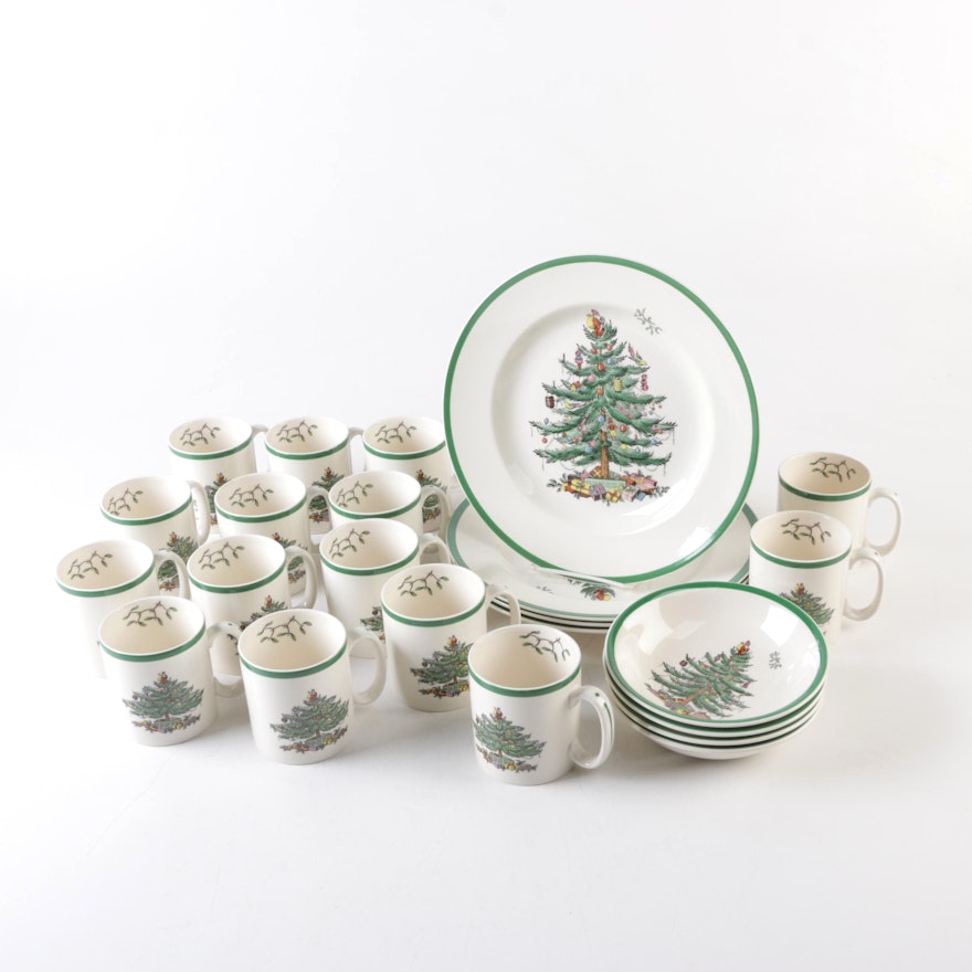 Spode White Ceramic "Christmas Tree" Mugs and Plates
