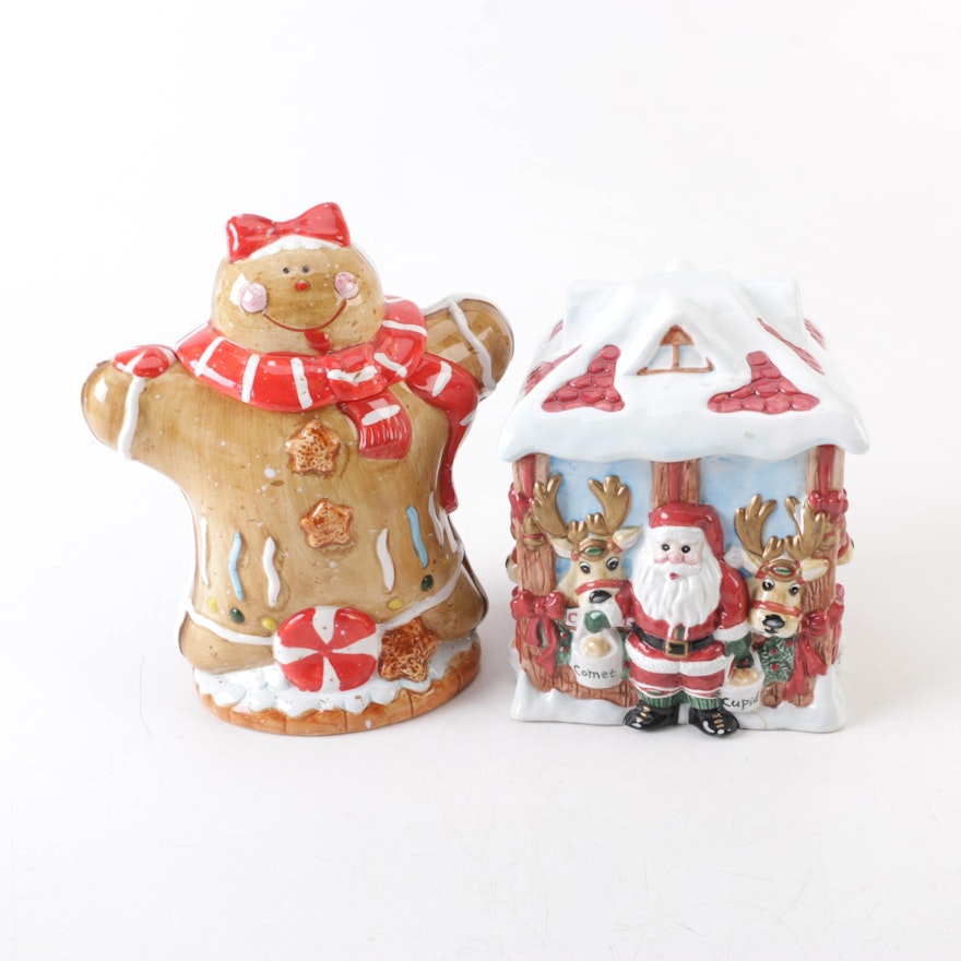Christmas Themed Cookie Jars Including Fitz and Floyd