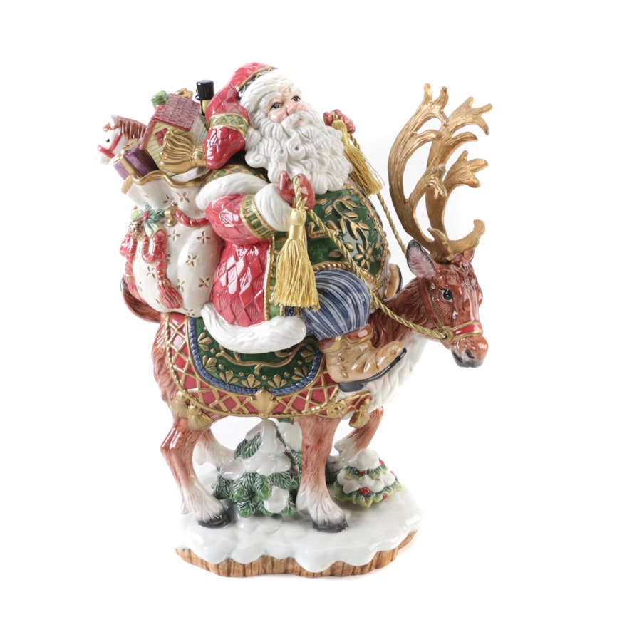 Fitz and Floyd Ceramic Santa Riding Reindeer Figurine