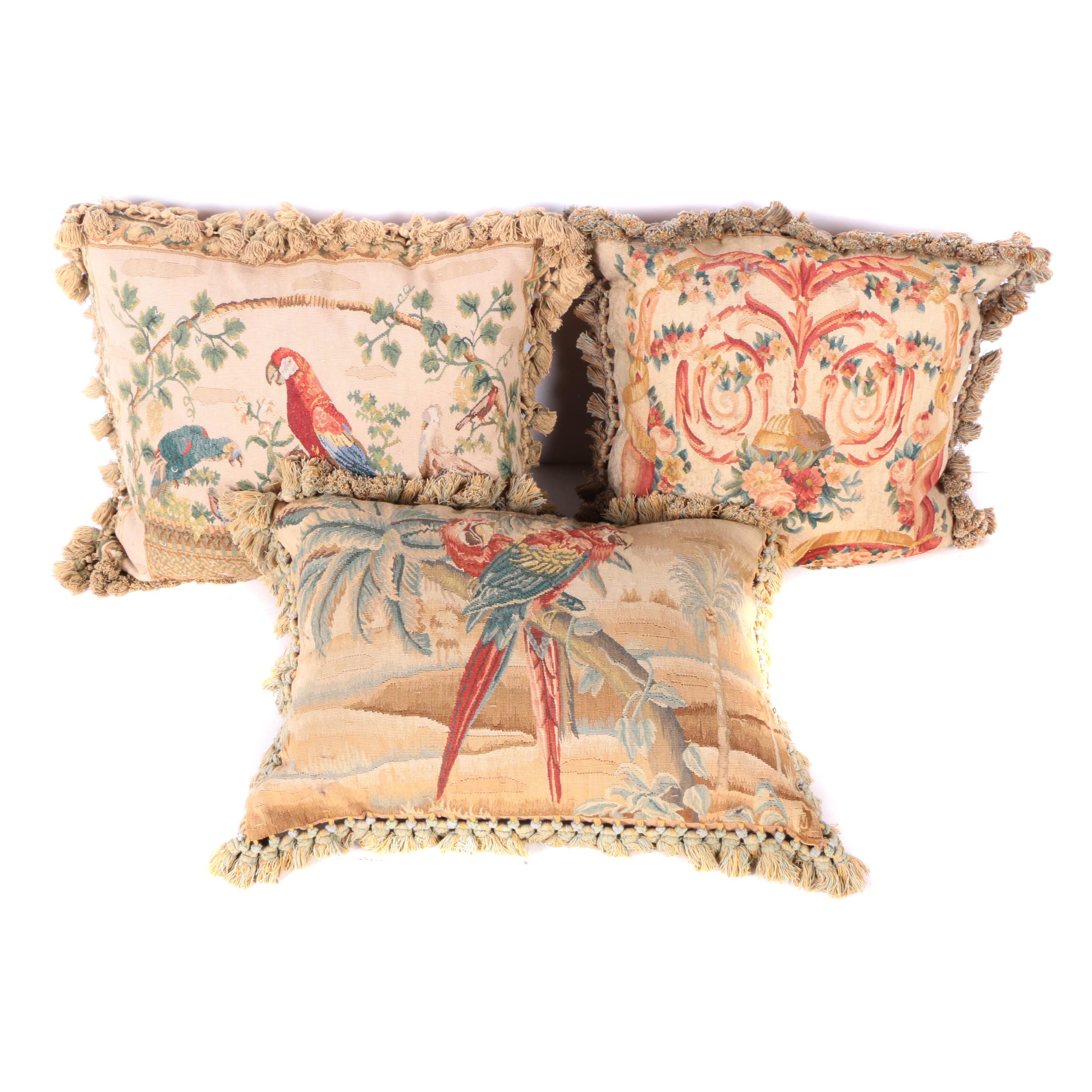 Floral and Parrot Motif Needlepoint Pillows with Fringe