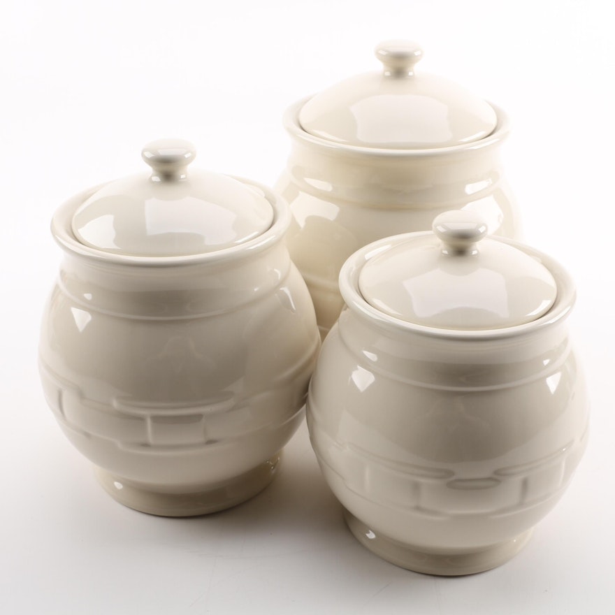 Longaberger "Woven Traditions" Pottery Ivory Glazed Canister Set