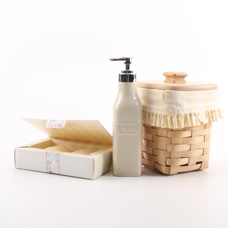 Longeberger Square Basket and Wood Lid with Ivory Lotion Dispenser and Soap Set