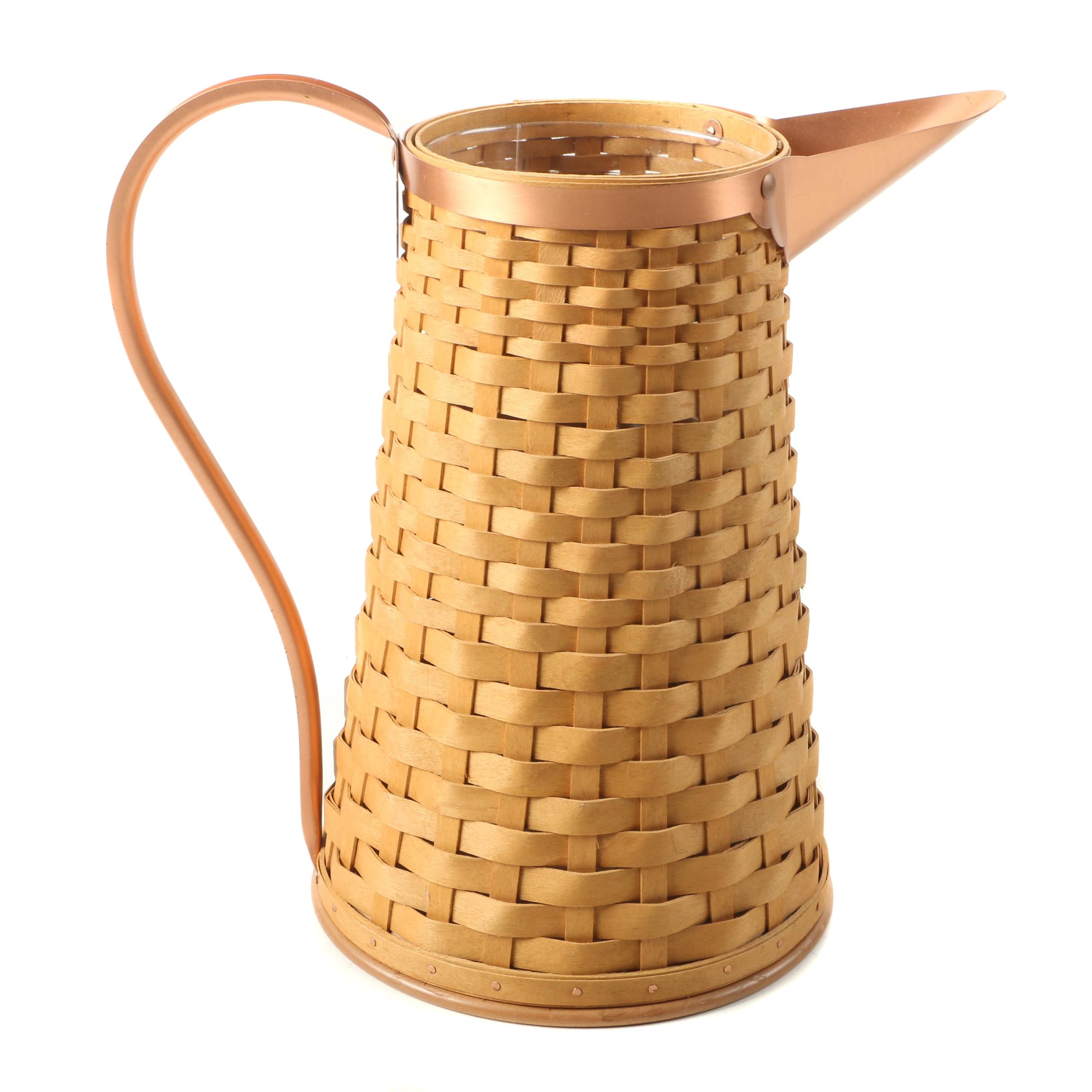 Longaberger Handmade Woven Basket Pitcher with Copper Handle and Spout