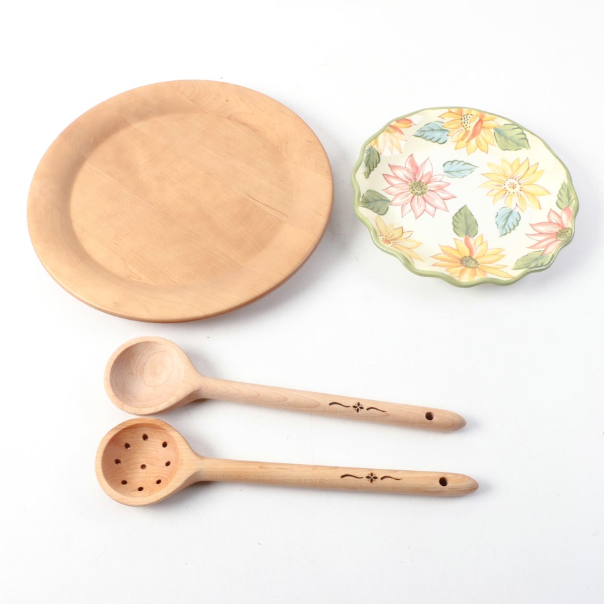 Longaberger Wooden Platter and "Heritage" Utensils with "Sunflower" Plate