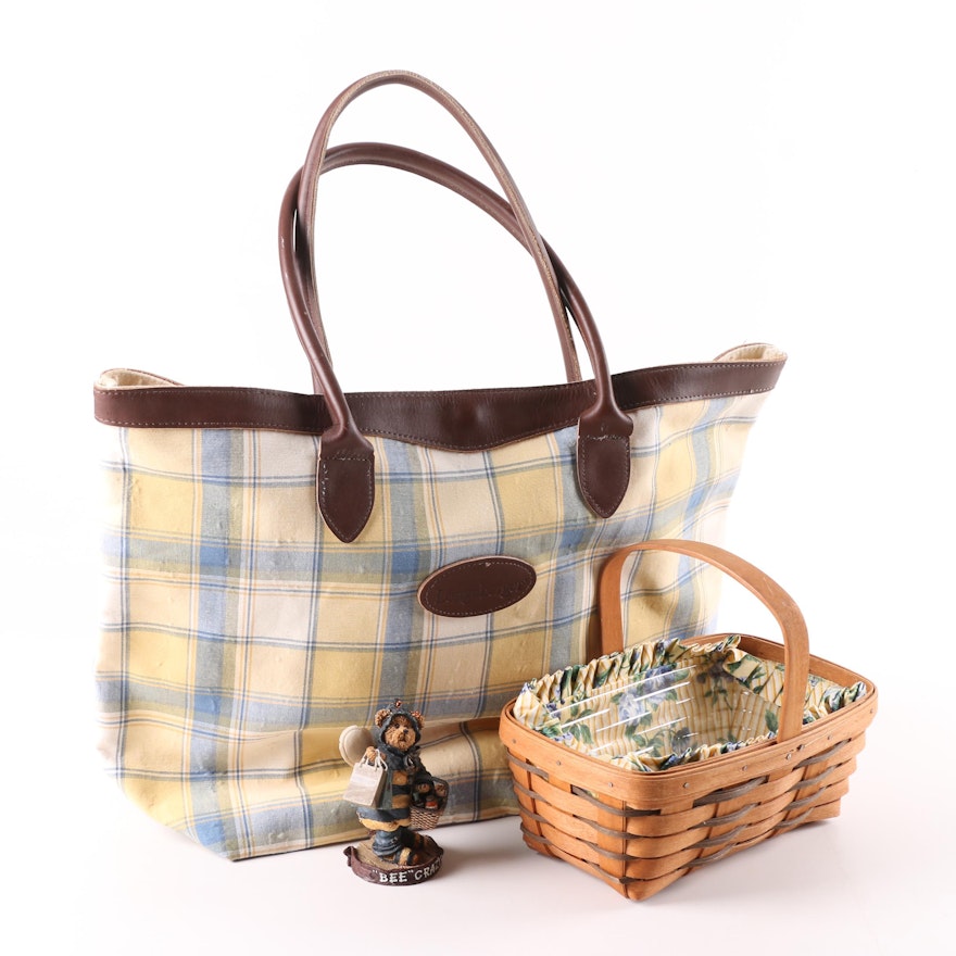 Longaberger Tote Bag, Basket, and Boyds Bears Figurine