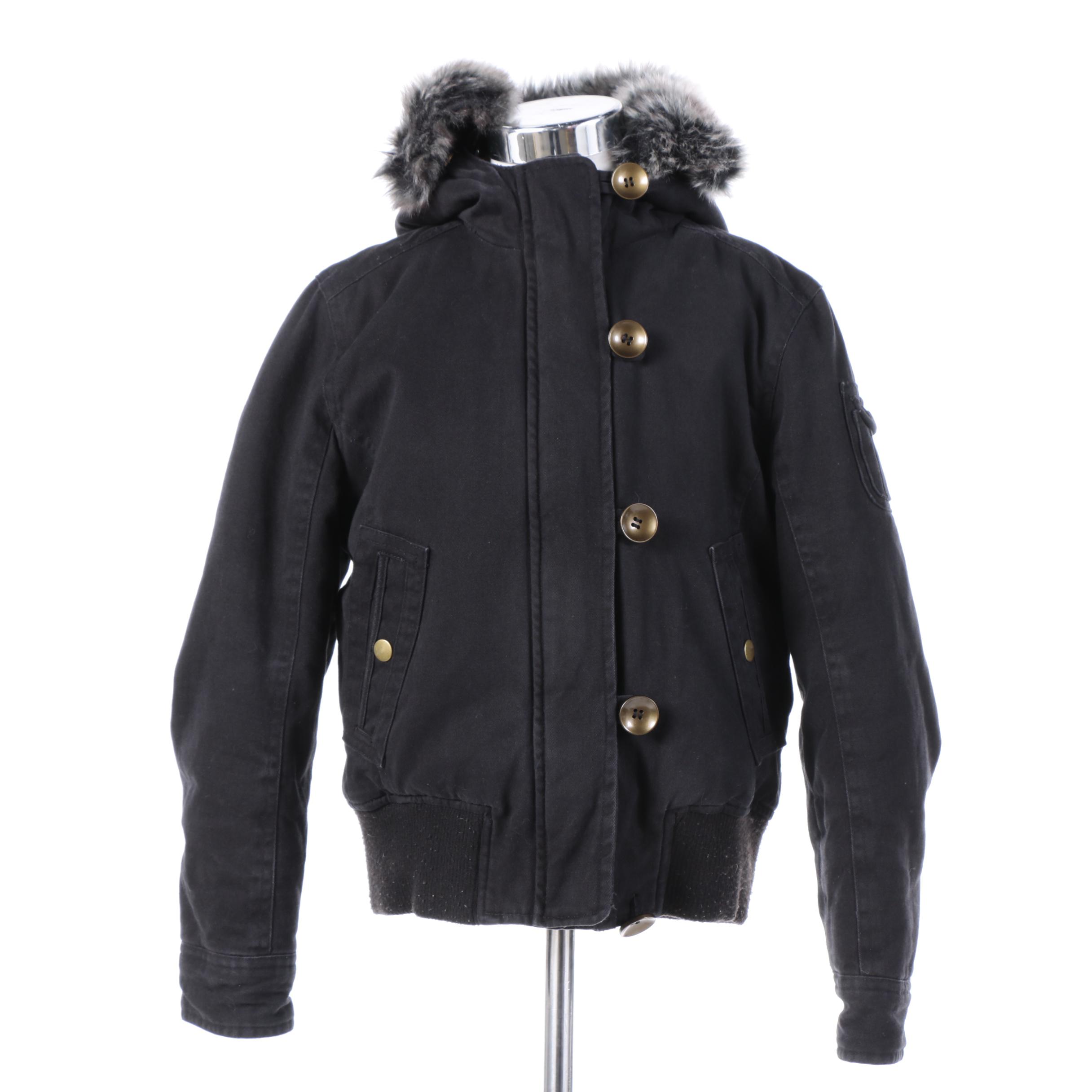 Children's KC Collections Black Coat with Faux Fur Trim Hood
