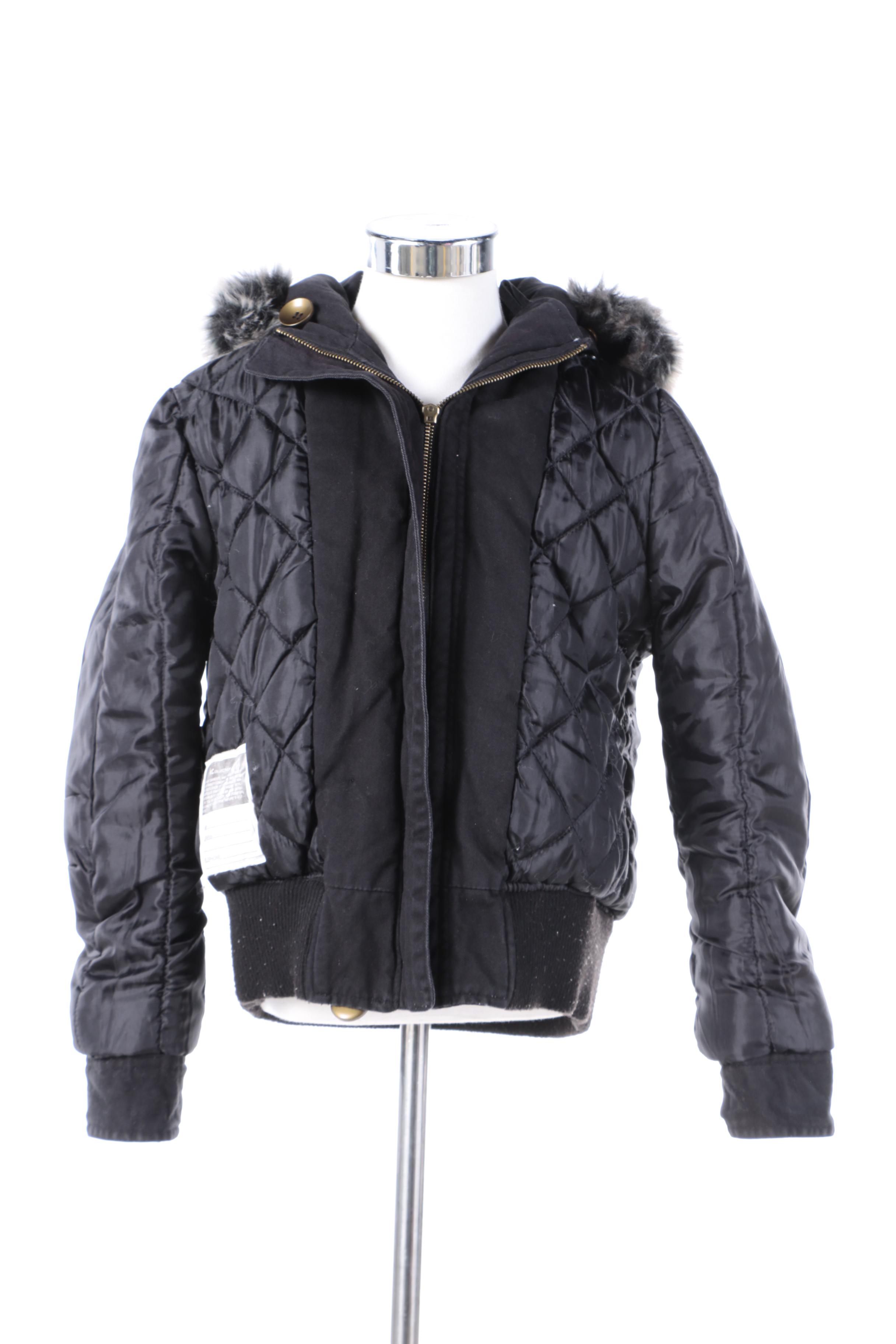 Children's KC Collections Black Coat with Faux Fur Trim Hood