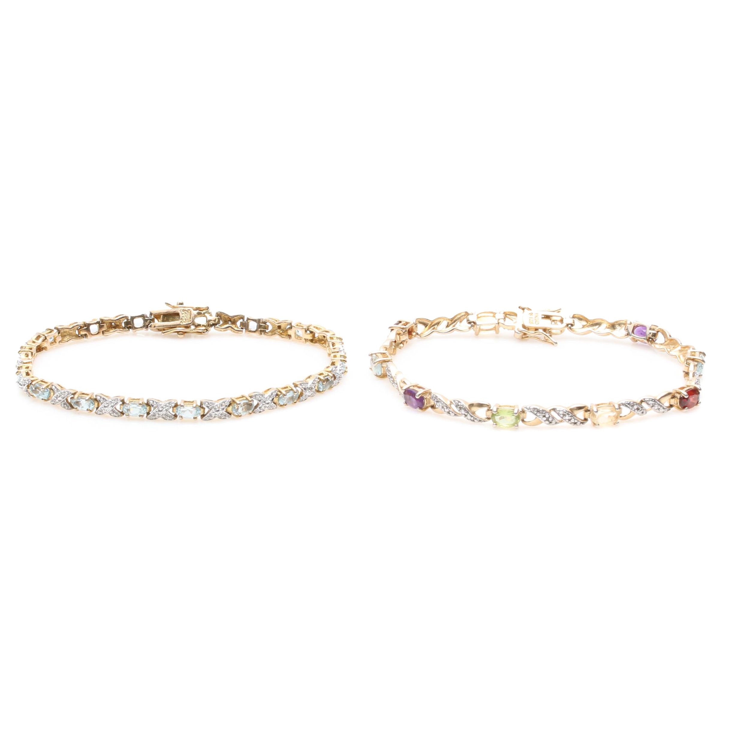 Gold Wash on Sterling Silver Gemstone and Diamond Accented Tennis Bracelets