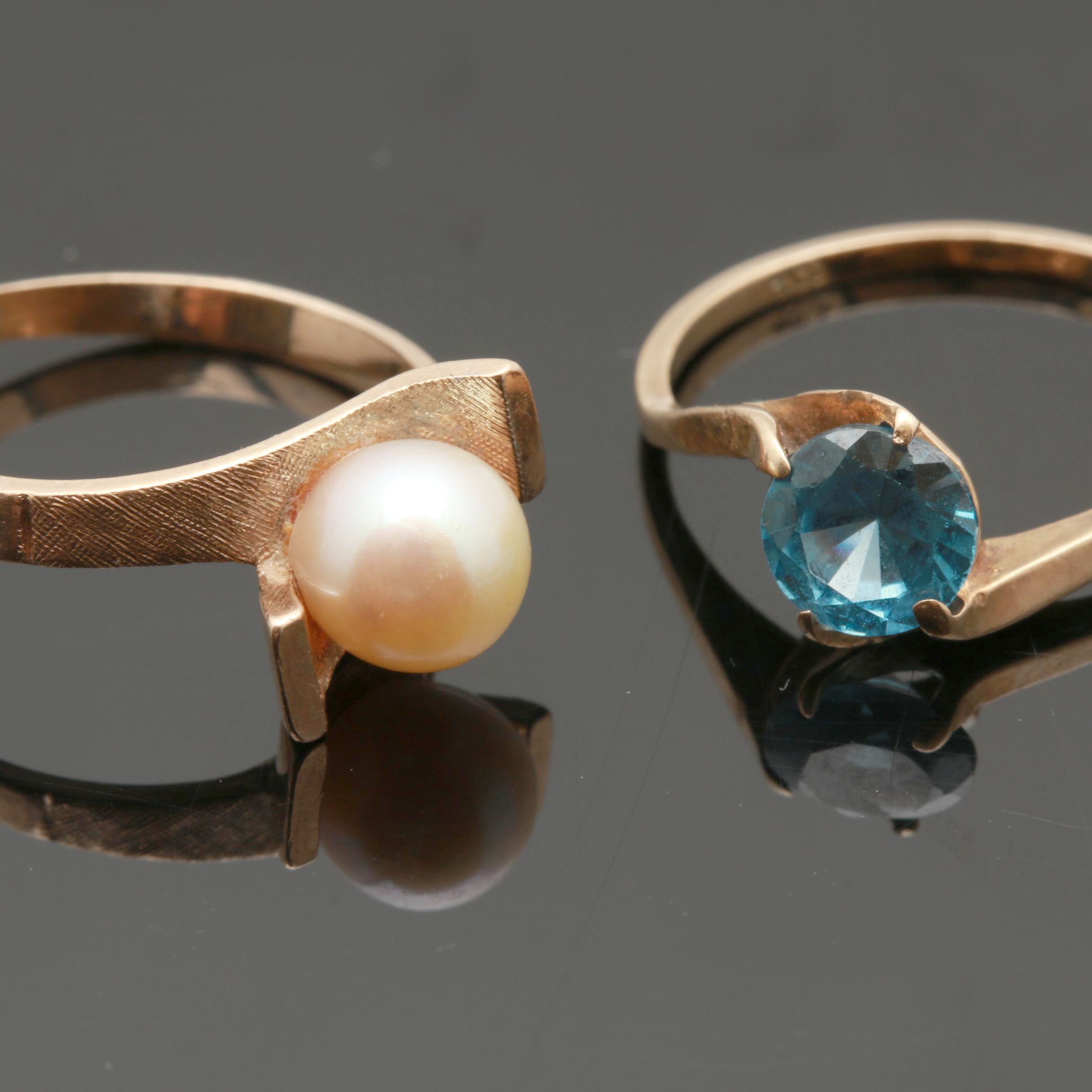 10K Yellow Gold Cultured Pearl and Synthetic Spinel Rings