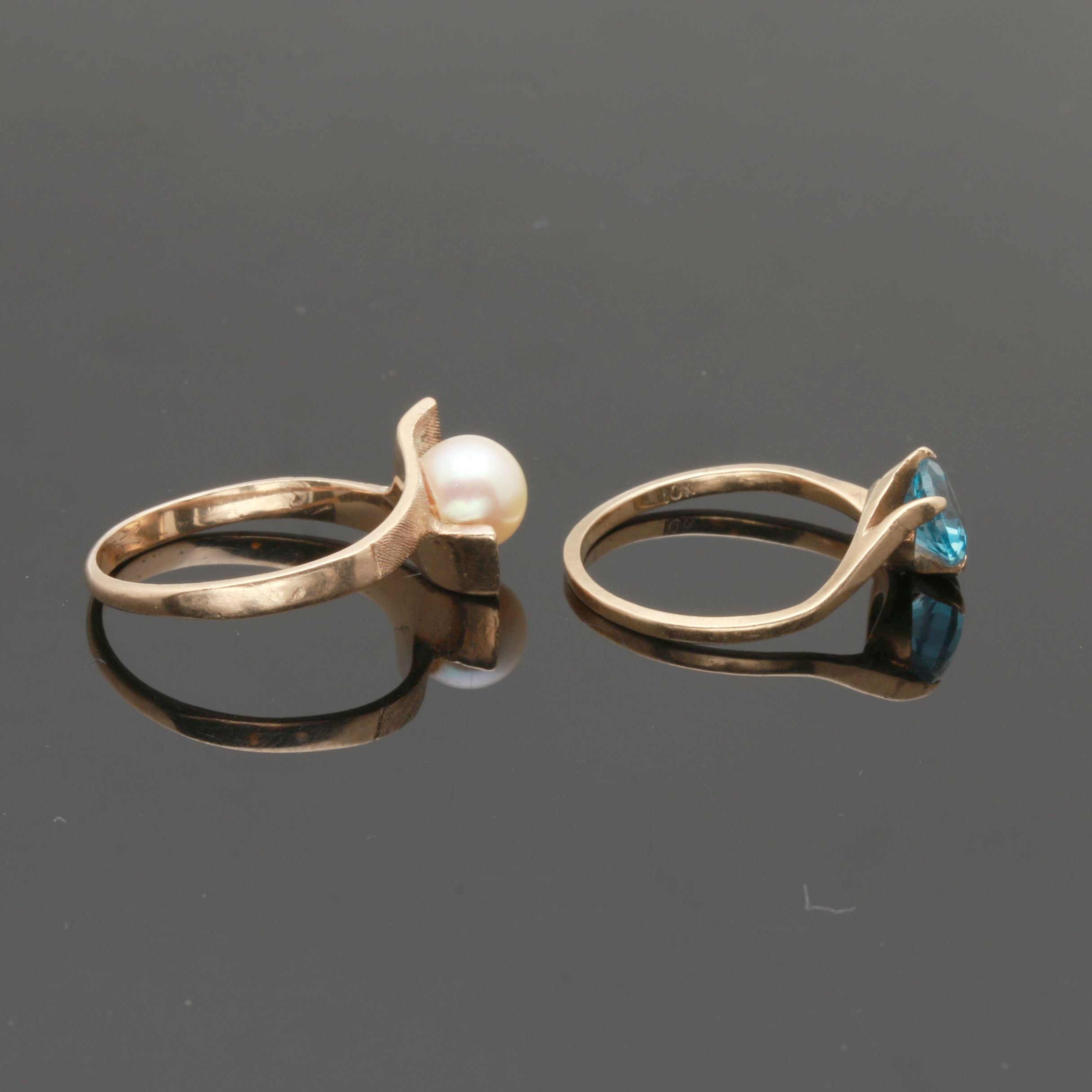 10K Yellow Gold Cultured Pearl and Synthetic Spinel Rings
