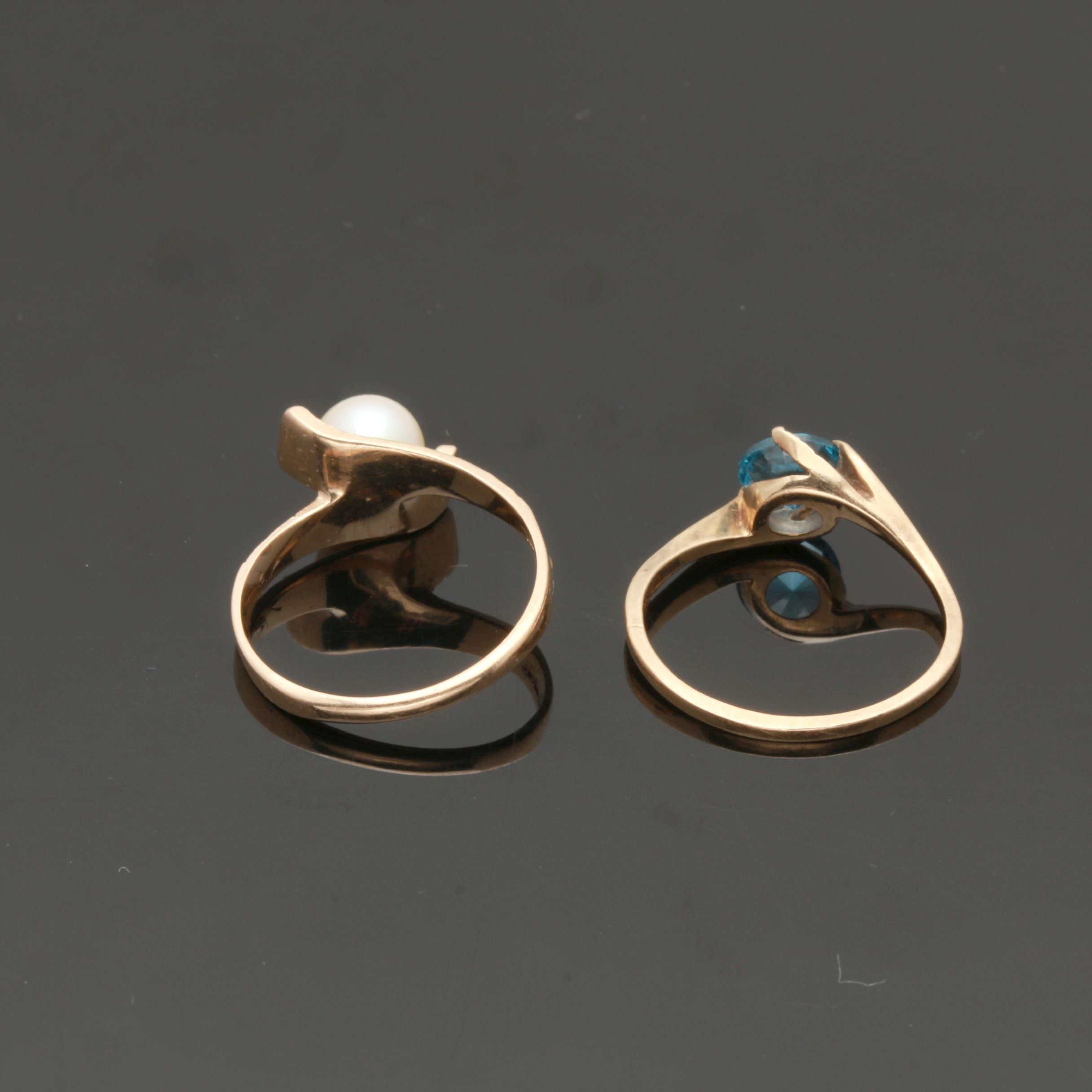 10K Yellow Gold Cultured Pearl and Synthetic Spinel Rings