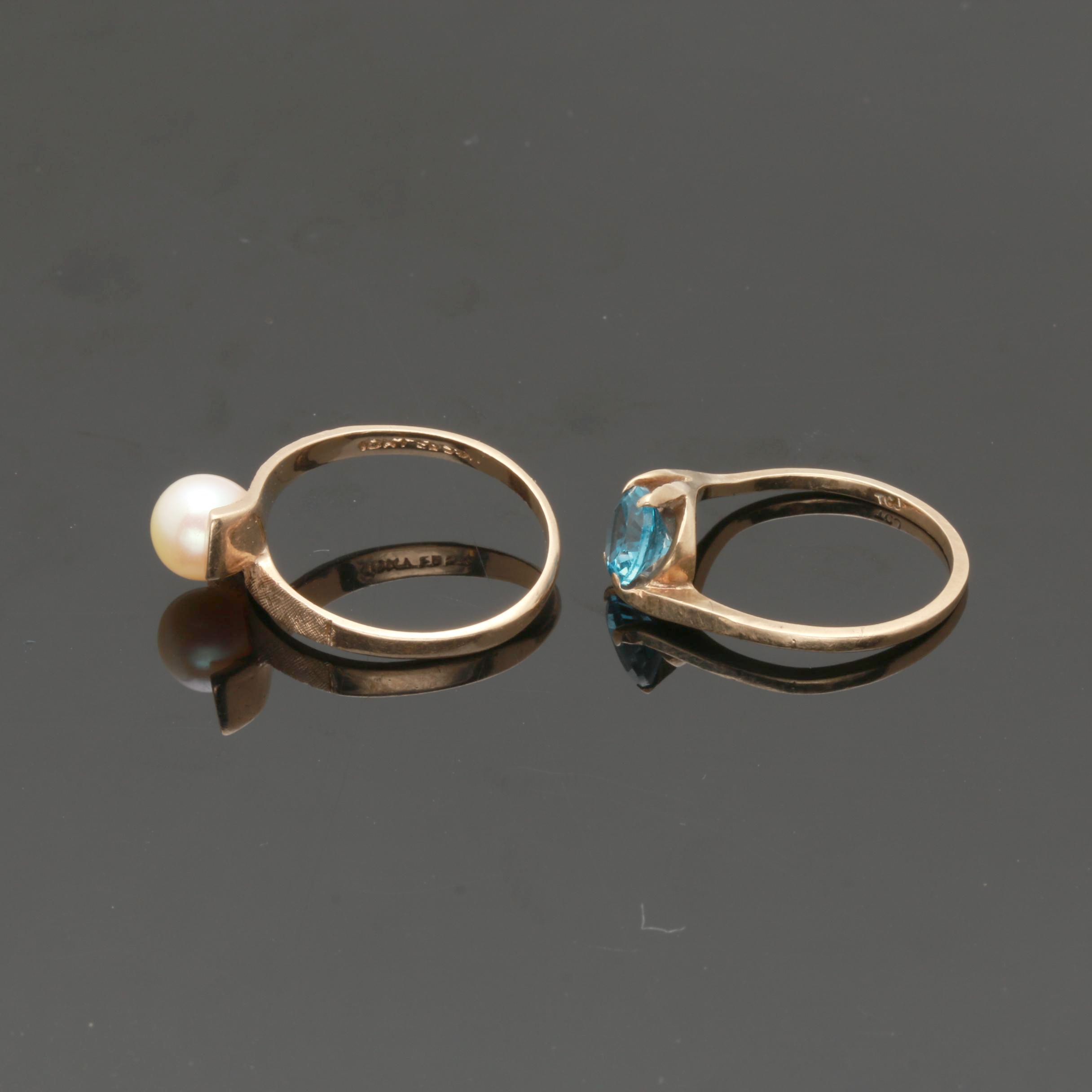 10K Yellow Gold Cultured Pearl and Synthetic Spinel Rings