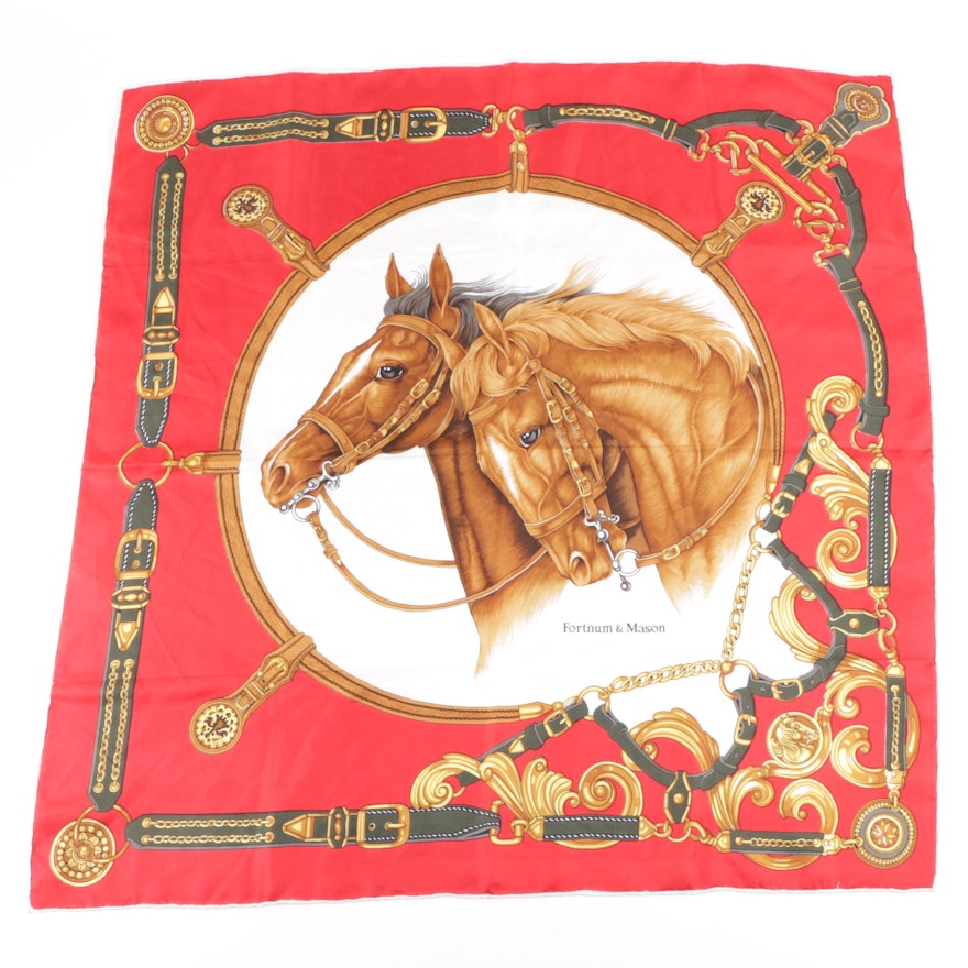 Fortnum & Mason Equestrian Silk Twill Scarf with Hand-Rolled and Stitched Hem