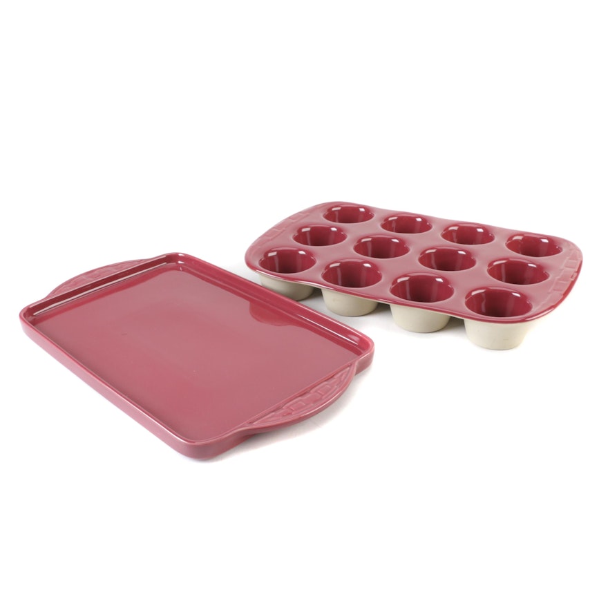 Longaberger "Woven Traditions" Pottery Paprika Muffin Pan and Cookie Sheet