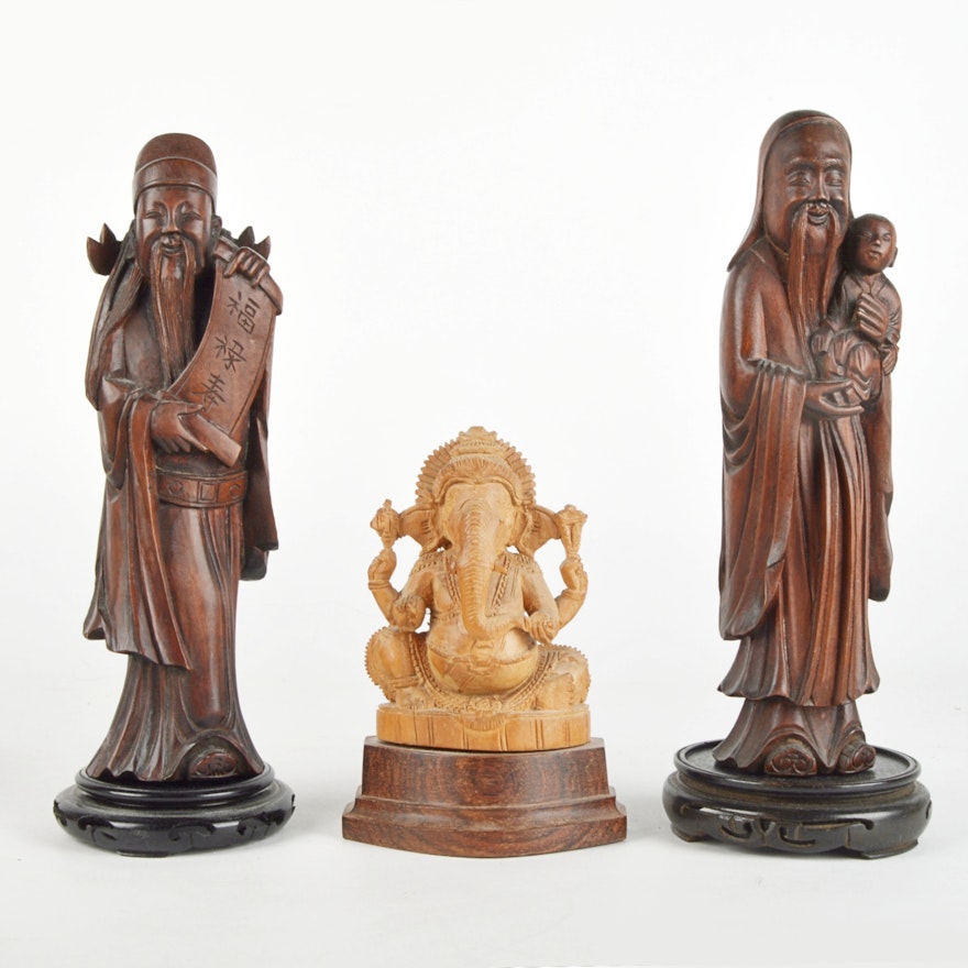 Chinese and Indian Carved Wood Figurines