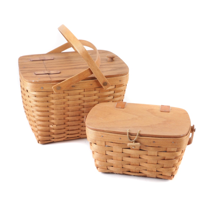 Two Handwoven Longaberger Handled Picnic Baskets with Hinged Lids