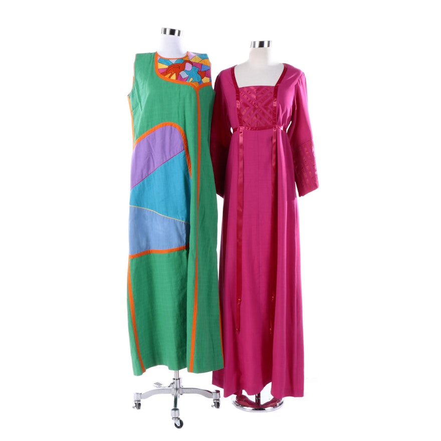 1960s Vintage Josefa Mexican Embroidered Maxi Dress and Aiko Ribbon Dress