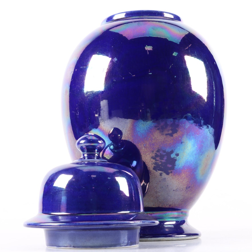 Iridescent Blue Ceramic Urn