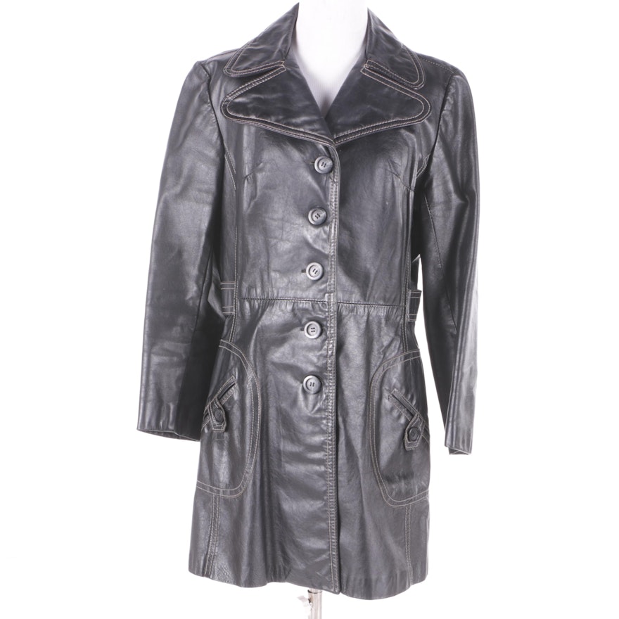 Vintage Black Leather Coat with Contrast-Stitched Collar