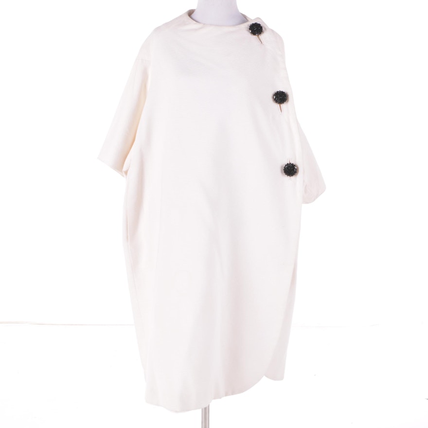 1960s Vintage White Dress Coat with Black Beaded Buttons