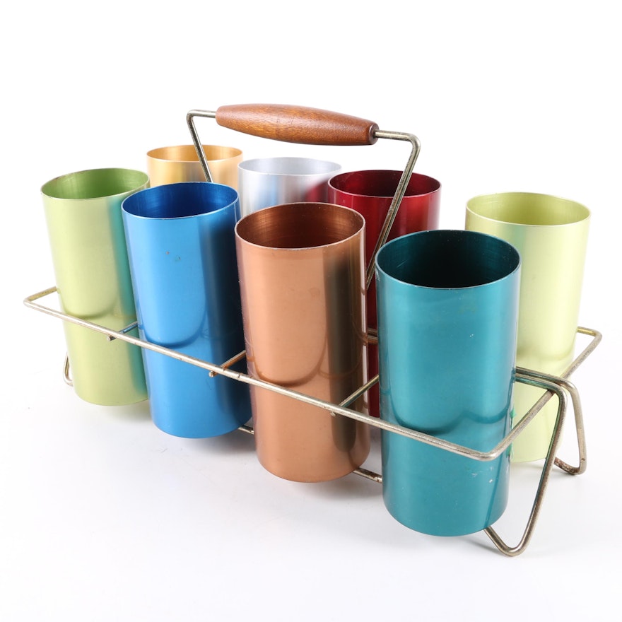 Vintage Colored Aluminum Tumblers with Caddy