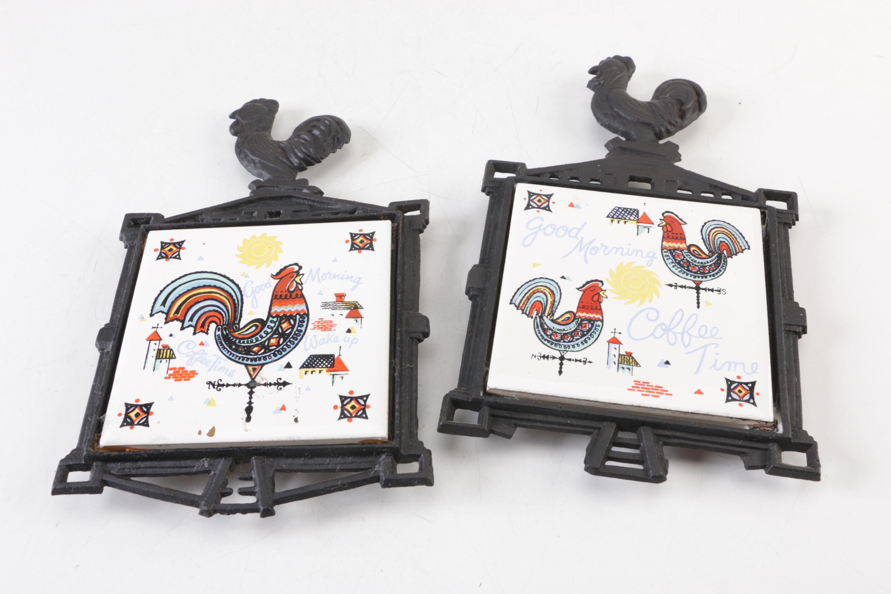 Vintage Westmoreland Milk Glass Rooster Candy Dish with Trivets