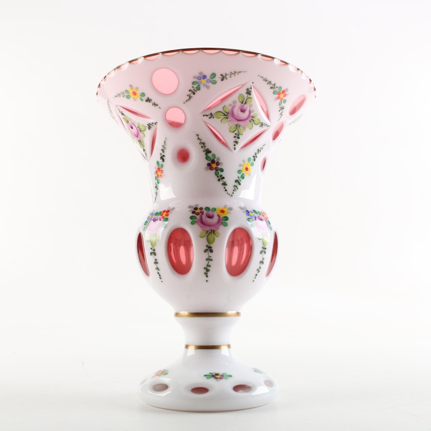 Bohemian Hand-Painted Cased Ruby Glass Vase
