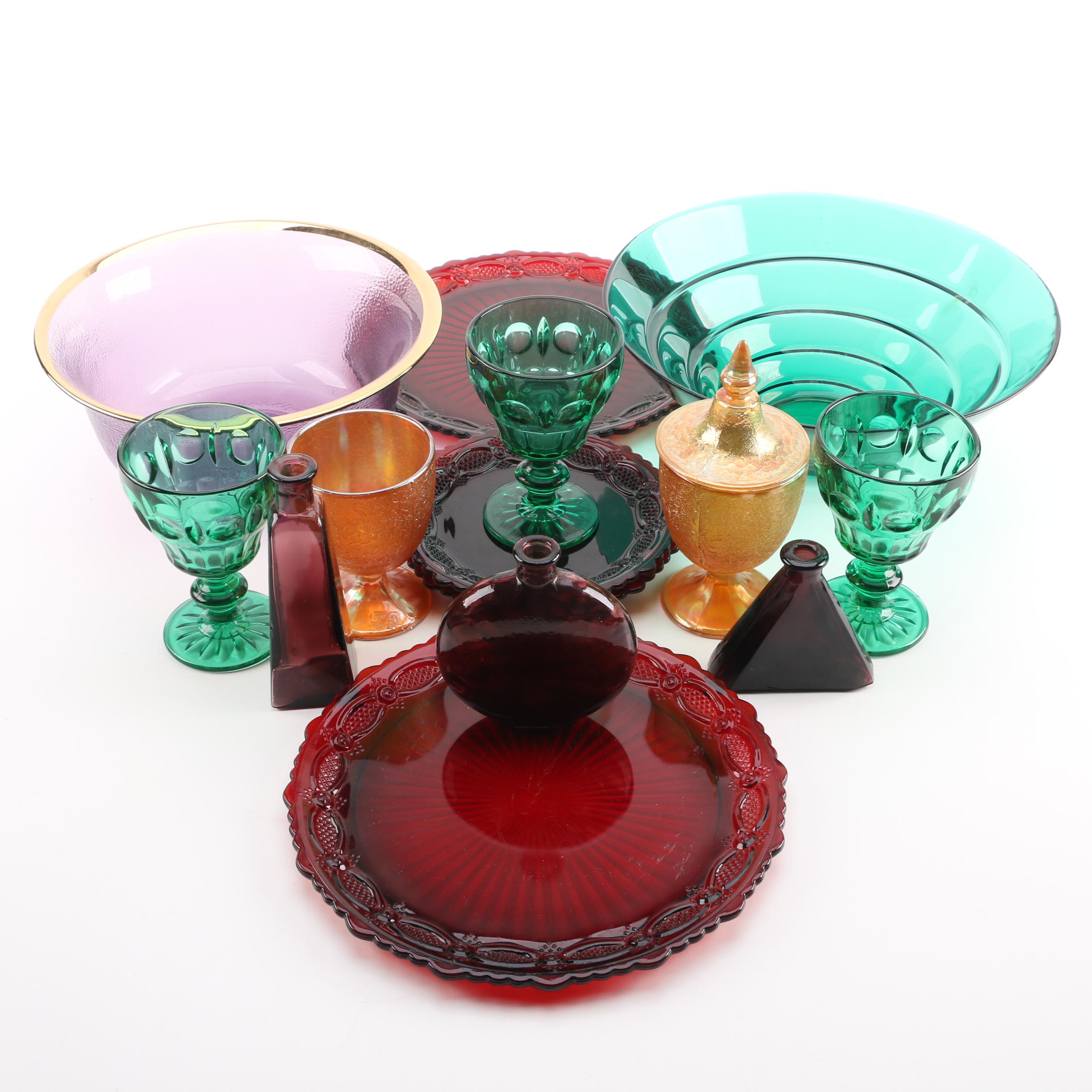 Colorful Glass Tableware Including Jeannette "Crackle Marigold" Candy Dishes