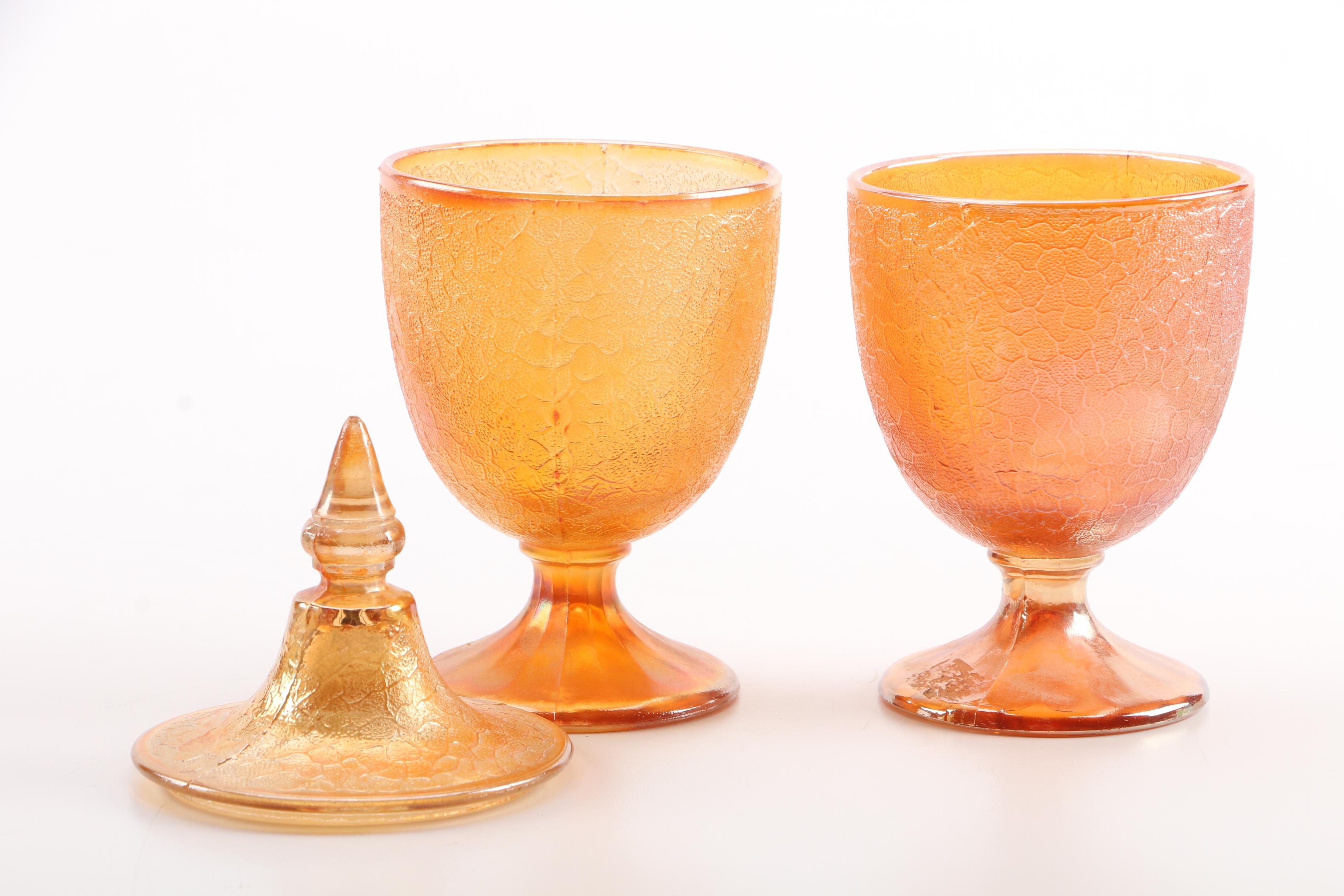 Colorful Glass Tableware Including Jeannette "Crackle Marigold" Candy Dishes