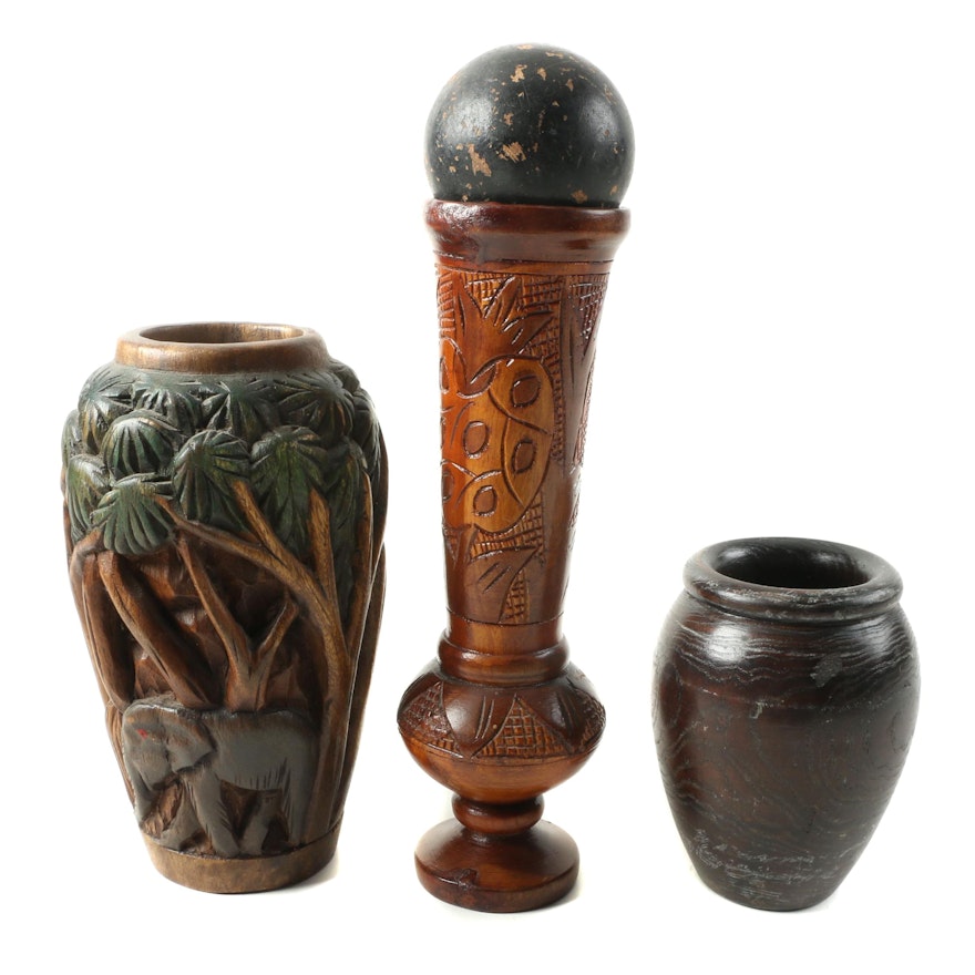Group of Handcrafted Wooden Vases and Ball