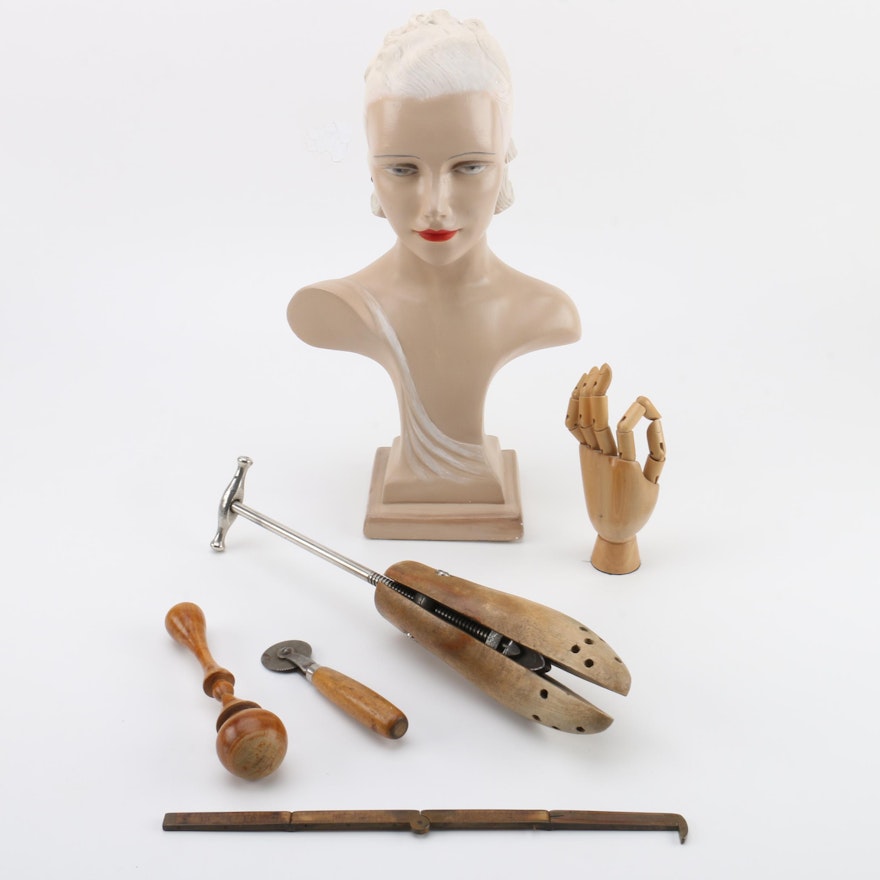 Art Deco Chalkware Female Bust and Wood Tools