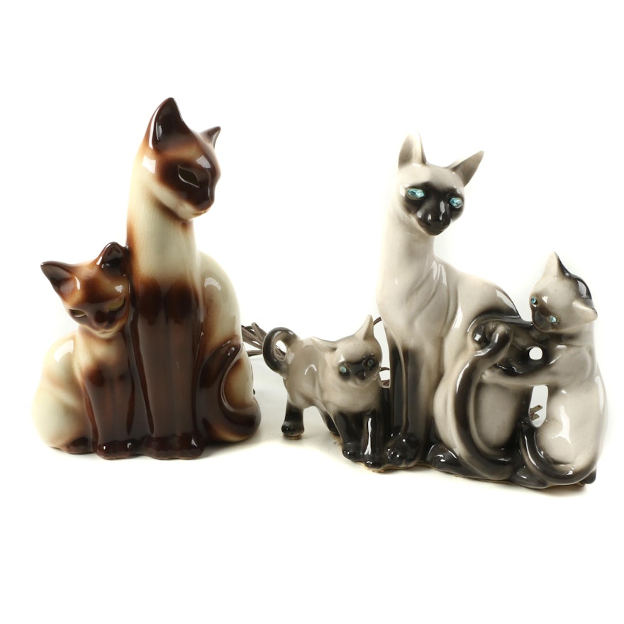 Vintage Ceramic Siamese Cat TV Lamps including Lane