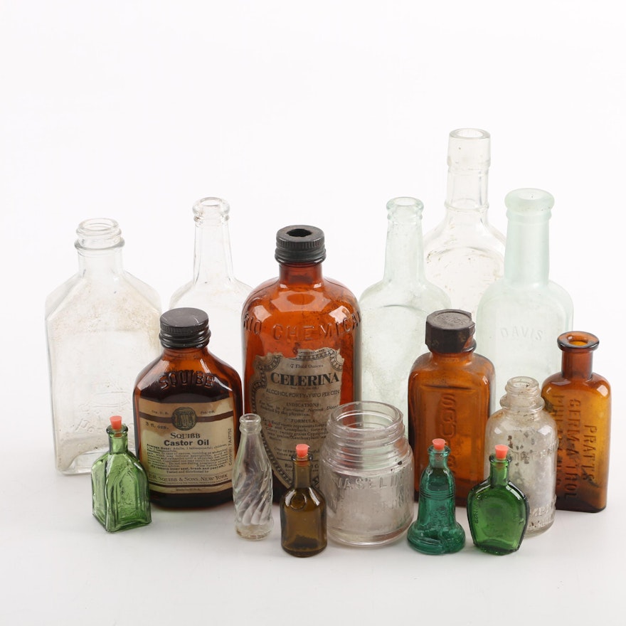 Vintage Clear and Colored Glass Medicine Bottles and Vaseline Jar