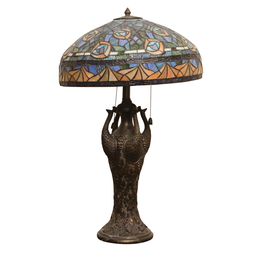 Tiffany Style Slag Glass Peacock Table Lamp