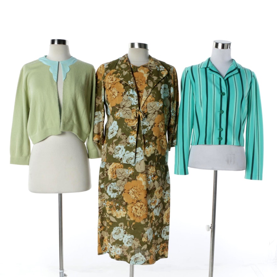 Women's Circa 1960s Vintage Dress with Matching Jacket, Cardigan and Jacket